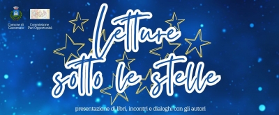 sfondo blu, logo comune, logo pari opportunità, scritta letture sotto le stelle