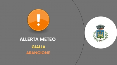 scritta allerta meteo gialla e arancione, simbolo arancione con punto esclamativo, logo comune di gavorrano, tutto su sfondo grigio