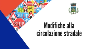 Logo comune - scritta modifiche circolazione stradale, triangolo rosso, triangolo blu, insieme di cartelli stradali 