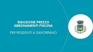 sfondo azzurro, logo comune, dicitura riduzione abbonamenti per residenti a gavorrano