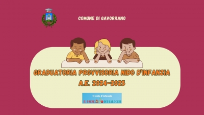 sfondo color amaranto, logo comune di gavorrano, immagine di 3 bambini al banco, scritta apertura iscrizioni al nido d'infanzia a.e. 2024-2025, logo nido paese dei balocchi