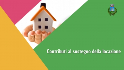foto casa su una mano, logo comune, scritta Contributi al sostegno della locazione
