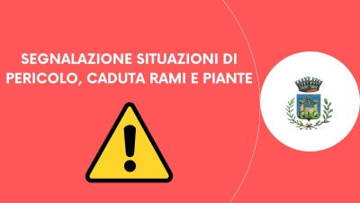 SFONDO ROSSO, TRIANGOLO GIALLO CON PUNTO ESCLAMATIVO, LOGO COMUNE DI GAVORRANO, DICITURA SEGNALAZIONE SITUAZIONI DI PERICOLO, CADUTA RAMI E PIANTE