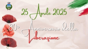 sfondo grigio, 3 papaveri sul lato sinistro, logo del comune di gavorrano, in centro, scritto tricolore: festa della liberazione