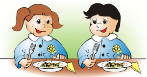 Disegno di Bambina e bambino che mangiano a mensa