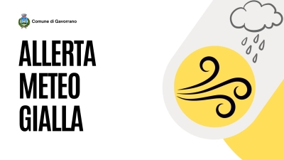 scritta allerta meteo gialla, simbolo stilizzato del vento su sfondo giallo