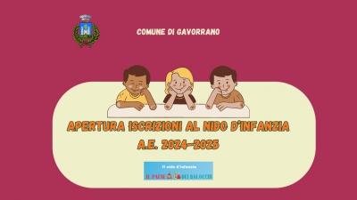 sfondo color amaranto, logo comune di gavorrano, immagine di 3 bambini al banco, scritta apertura iscrizioni al nido d'infanzia a.e. 2024-2025, logo nido paese dei balocchi