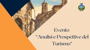 triangoli colorati, sfondo con disegno di un paese, logo comune di gavorrano, scritta Evento "Analisi e prospettive del Turismo"