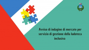 triangolo rosso, triangolo blu, triangolo celeste, pezzi di puzzle che si incastrano, scritta avviso di manifestazione di interesse per affidamento ludoteca inclusiva