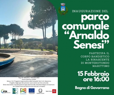 immagine del parco pubblico, striscia verde sulla destra scritta inaugurazione parco pubblico