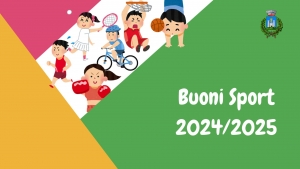 triangolo giallo, triangolo rosa, bambini che fanno sport, logo comune di Gavorrano, scritta Buoni sport 2024-2025