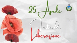 sfondo grigio, 3 papaveri sul lato sinistro, logo del comune di gavorrano, in centro, scritto tricolore: festa della liberazione