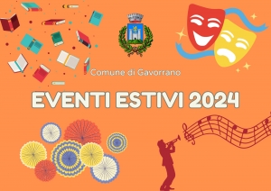 sfondo arancio, disegni di librei, maschere del teatro, sassofonista con note musicali, scritta Comune di Gavorrano . Eventi estivi 2024