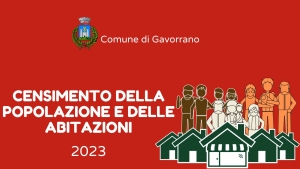 logo comune di gavorrano, intestazione comune, sfondo rosso, scritta bianca "censimento della popolazione e delle abitazioni 2023", disegni stilizzati di persone sulla destra dietro a immagini stilizzate di case