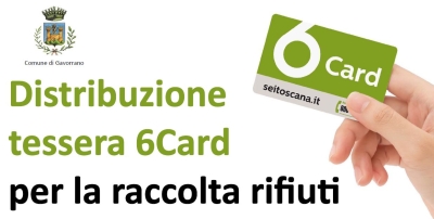 Sulla sinistra: logo del comune e dicitura "distribuzione tessera 6card per la raccolta rifiuti", sulla destra: mano che sorregge tessera 6card